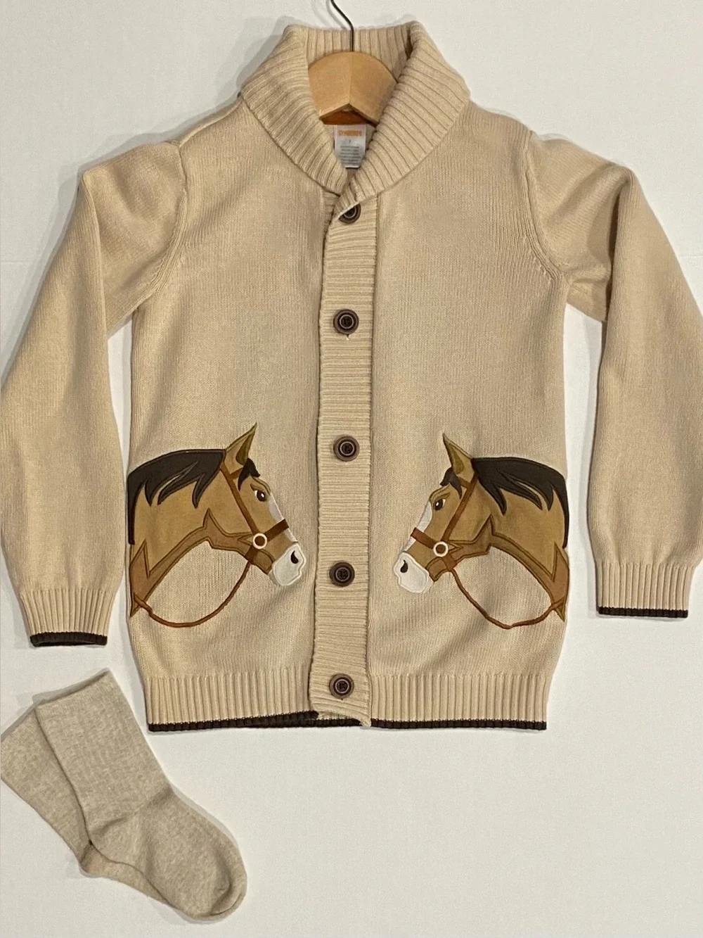 Gymboree Boys ‘Country Charm’ Beige Horse Shawl Collar Cardigan Size 7